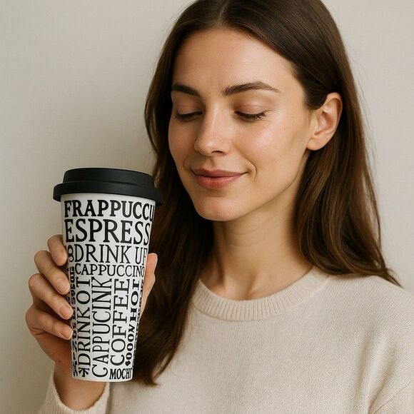 Ciroa Porcelain Travel Mug Coffee Typography Black White Silicone Lid Reusable - Picture 1 of 9